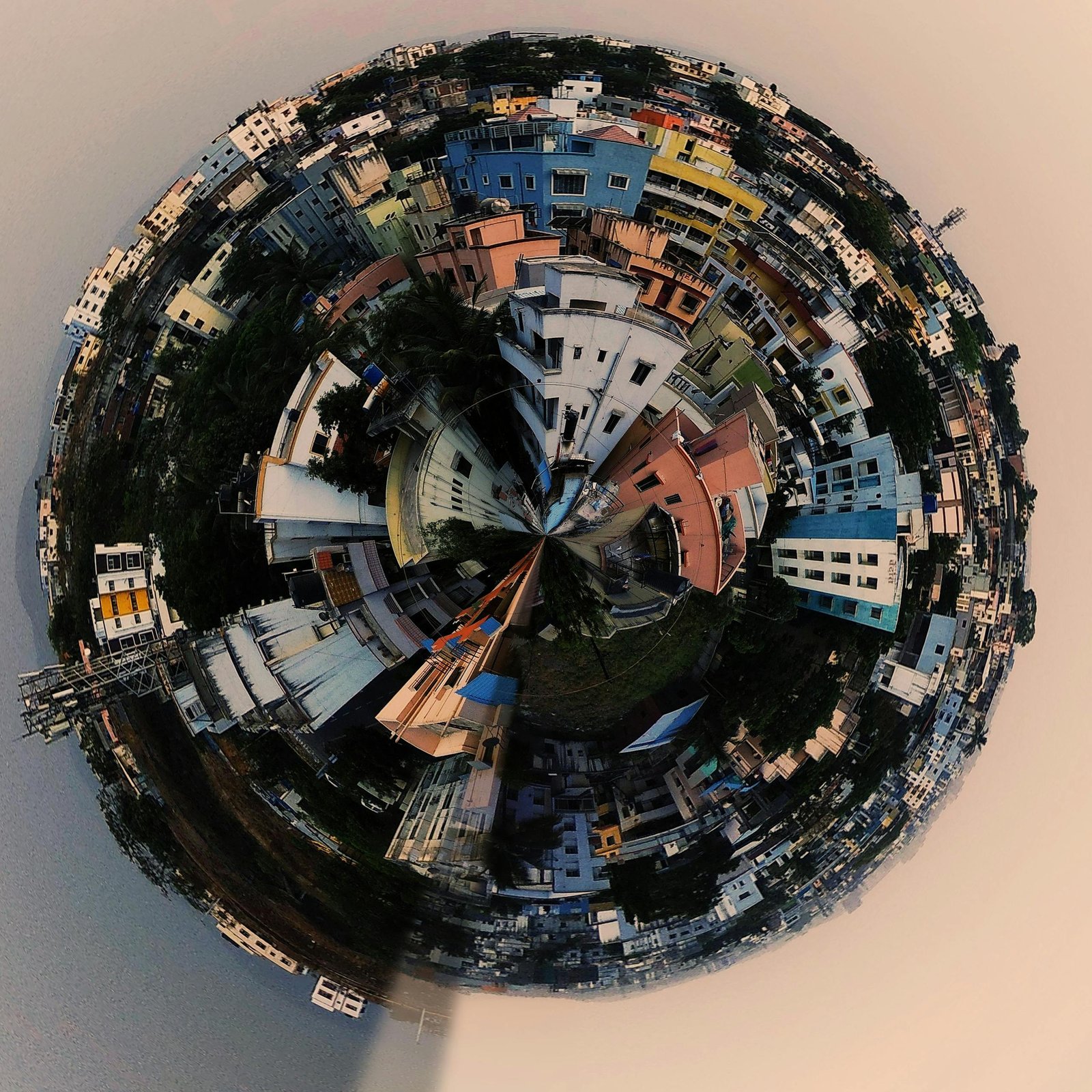 A spherical panorama showing an artistic view of an urban city at twilight.
